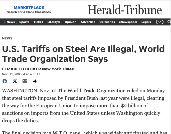 2003 Headline About Illegal Steel tariffs