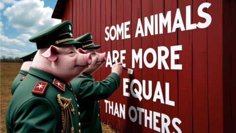 Pigs Painting "Some Animals Are More Equal Than Others" On The Side Of A Barn
