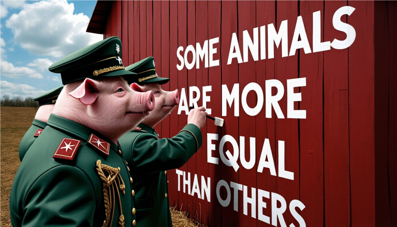 Pigs Painting "Some Animals Are More Equal Than Others" On The Side Of A Barn