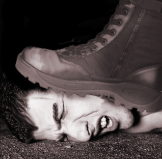 a boot crushing a man’s skull